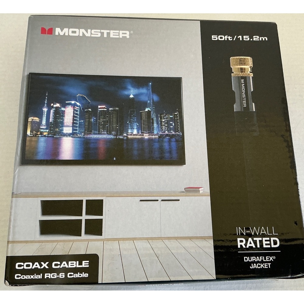 Monster Coaxial RG-6 Cable 50ft In-Wall Rated Gold Plated Connectors‎ Black NWT